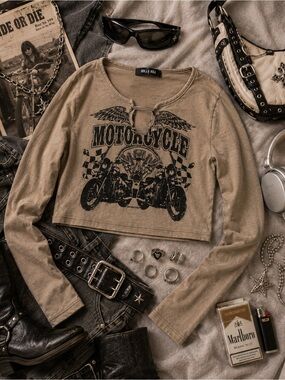 Dolls Kill Tan Long-Sleeve Motorcycle Graphic Lace-Up Crop Top